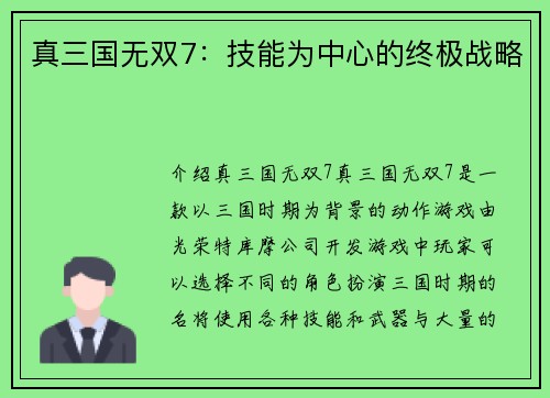 真三国无双7:技能为中心的终极战略